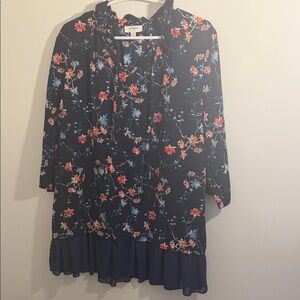 Umgee Floral Navy Blouse with Ruffle Hem